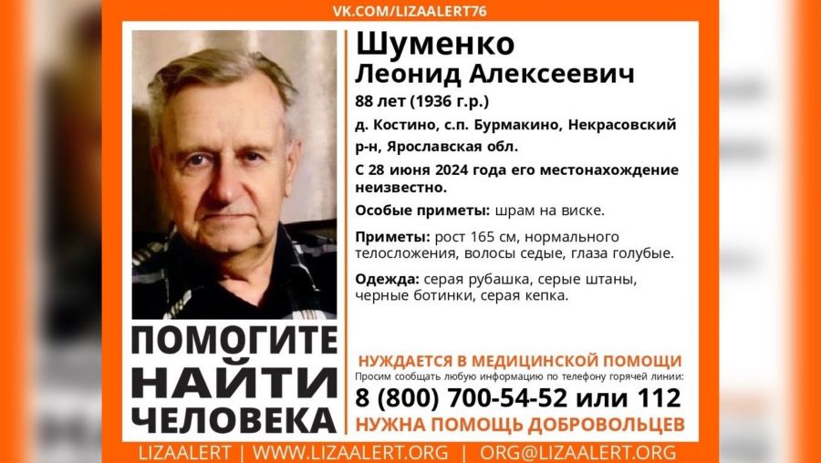 «Времени очень мало»: в Ярославской области ищут пропавшего 88-летнего Леонида Шуменко